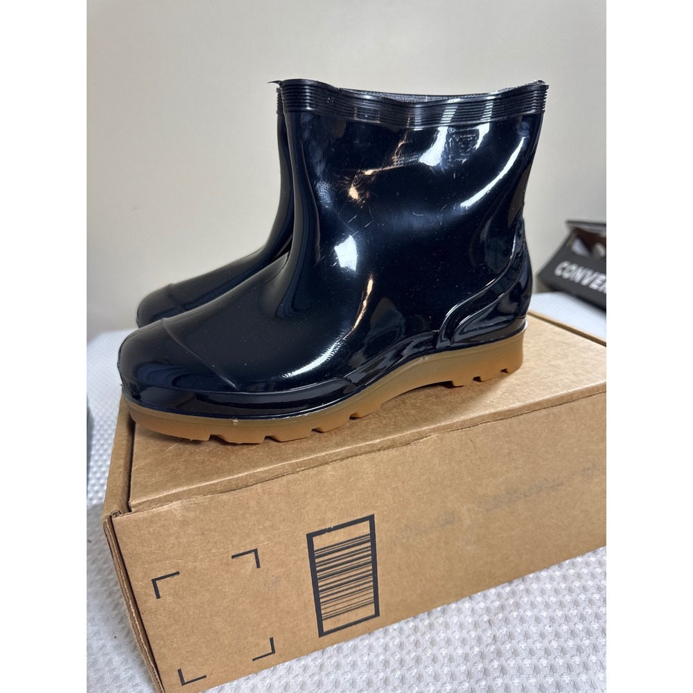 Rain Boots Women 10 Ankle Glossy Black Gum Sole CX-9918